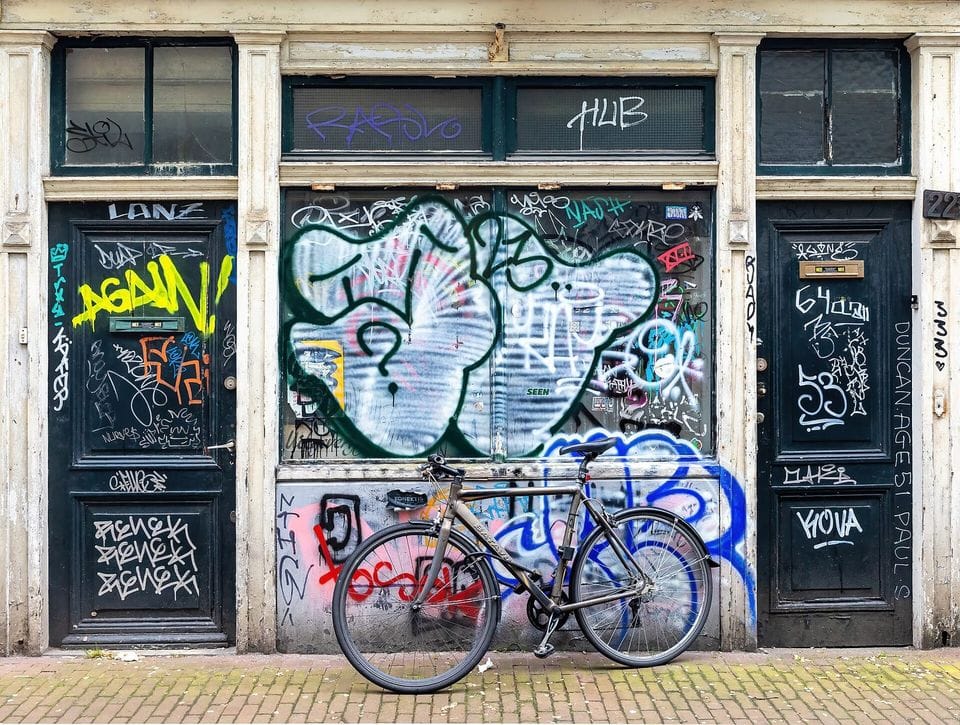 Bicycles parked in front of a building